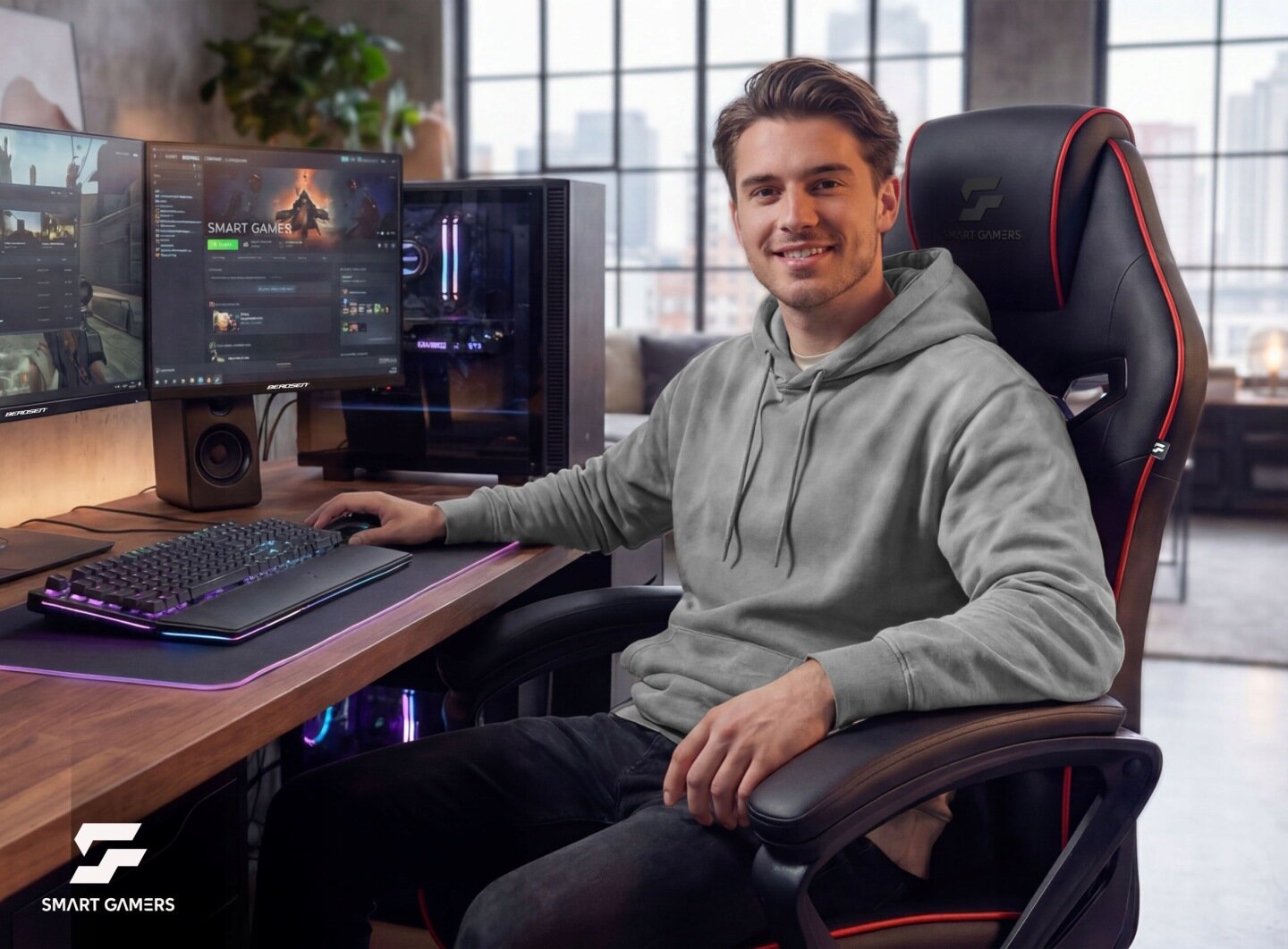 Osoba siedzi na czarno-czerwonym fotelu gamingowym przy biurku z komputerem i dwoma monitorami. Na fotelu widoczne jest logo \'SMART GAMERS\'.