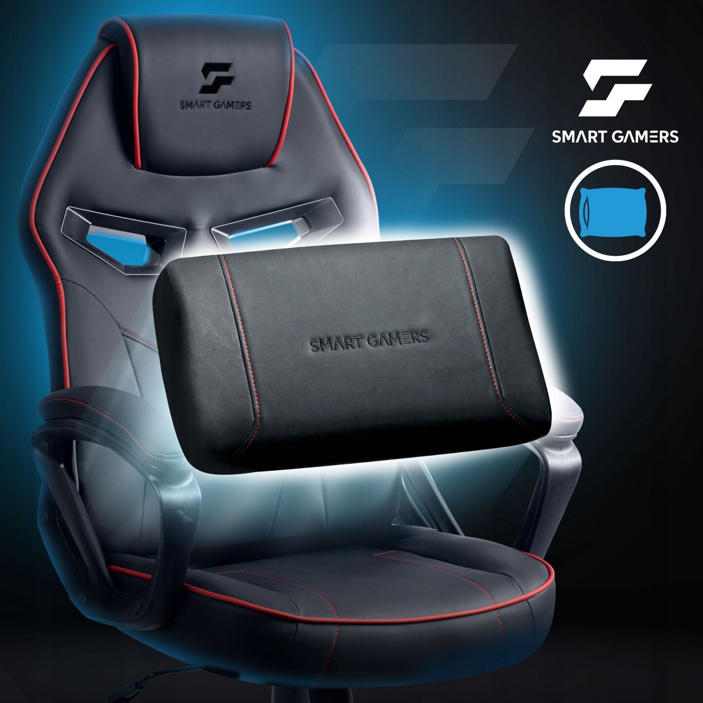 Czarno-czerwony fotel gamingowy z logo \'SMART GAMERS\' na zagłówku i poduszce. Obok fotela widoczne jest logo \'SMART GAMERS\'.