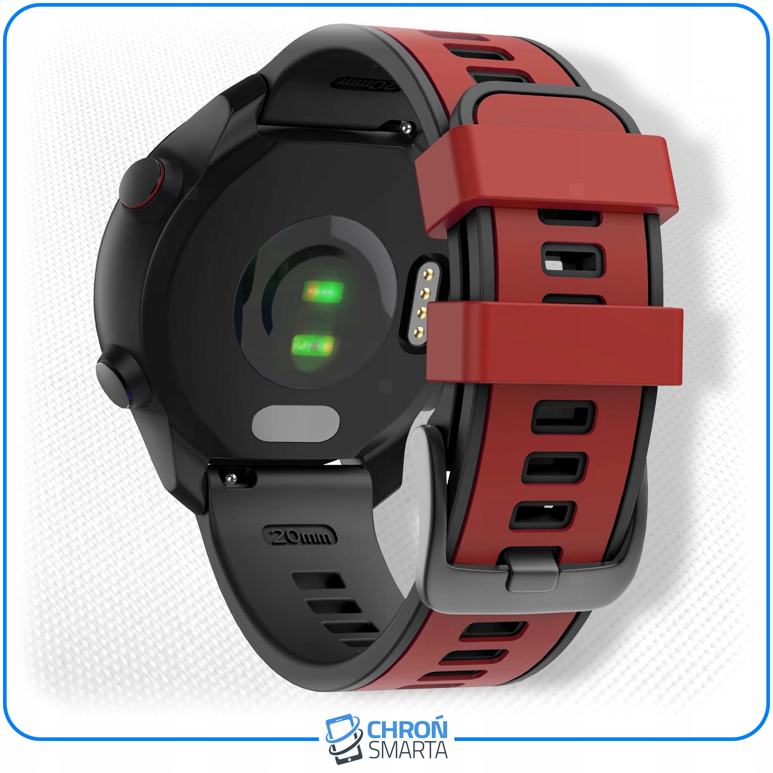 Smartwatch z czerwonym paskiem i czarną kopertą, widoczny od tyłu z zielonymi diodami na spodzie. Na dole znajduje się logo \'CHROŃ SMARTA\'.