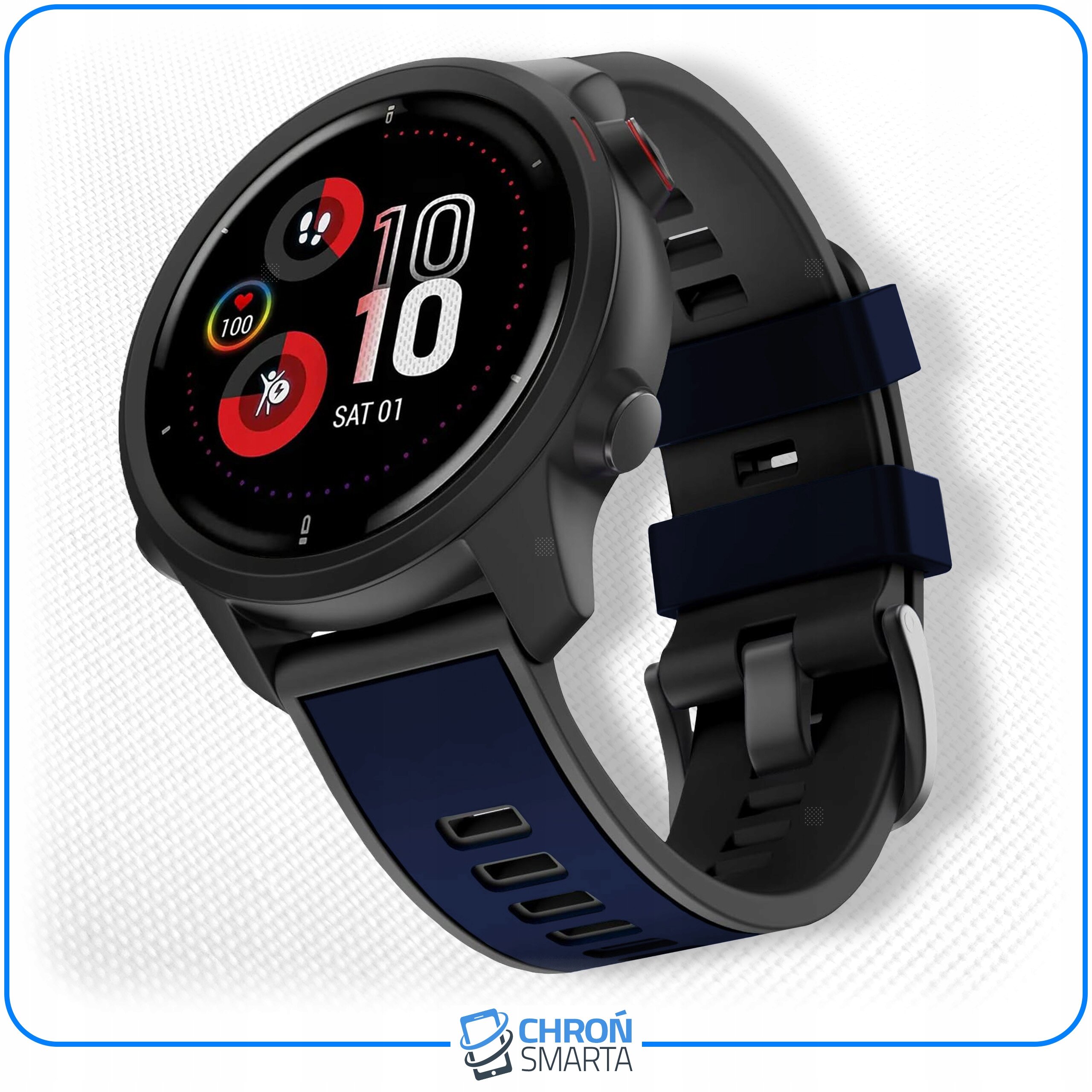 Na obrazie widoczny jest smartwatch z ciemnym paskiem, wyświetlający kolorowy interfejs z datą \'SAT 01\'. Na dole znajduje się logo \'CHROŃ SMARTA\'.