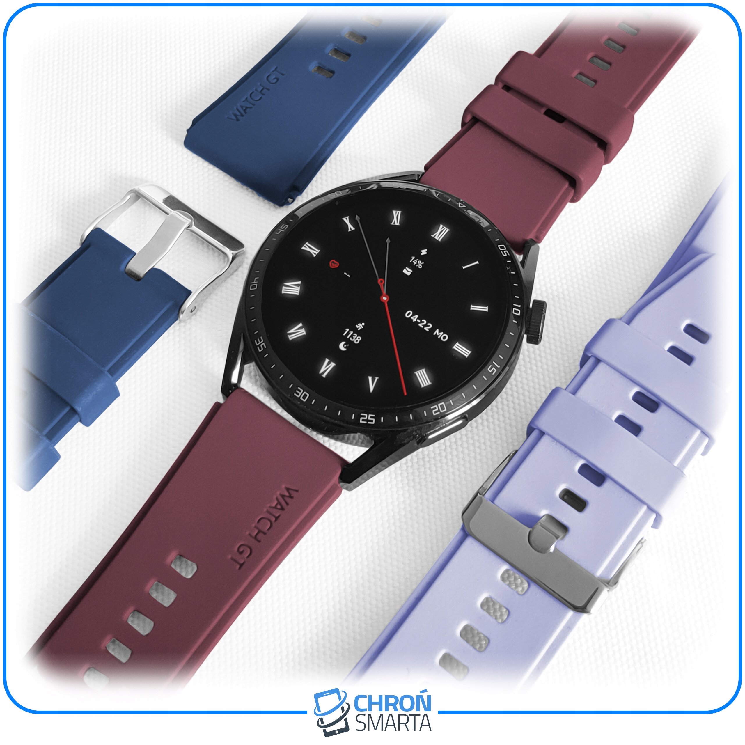 Na obrazie widoczny jest smartwatch z czarną tarczą i różnokolorowe paski do zegarka. Na jednym z pasków widnieje napis \'WATCH GT\'.