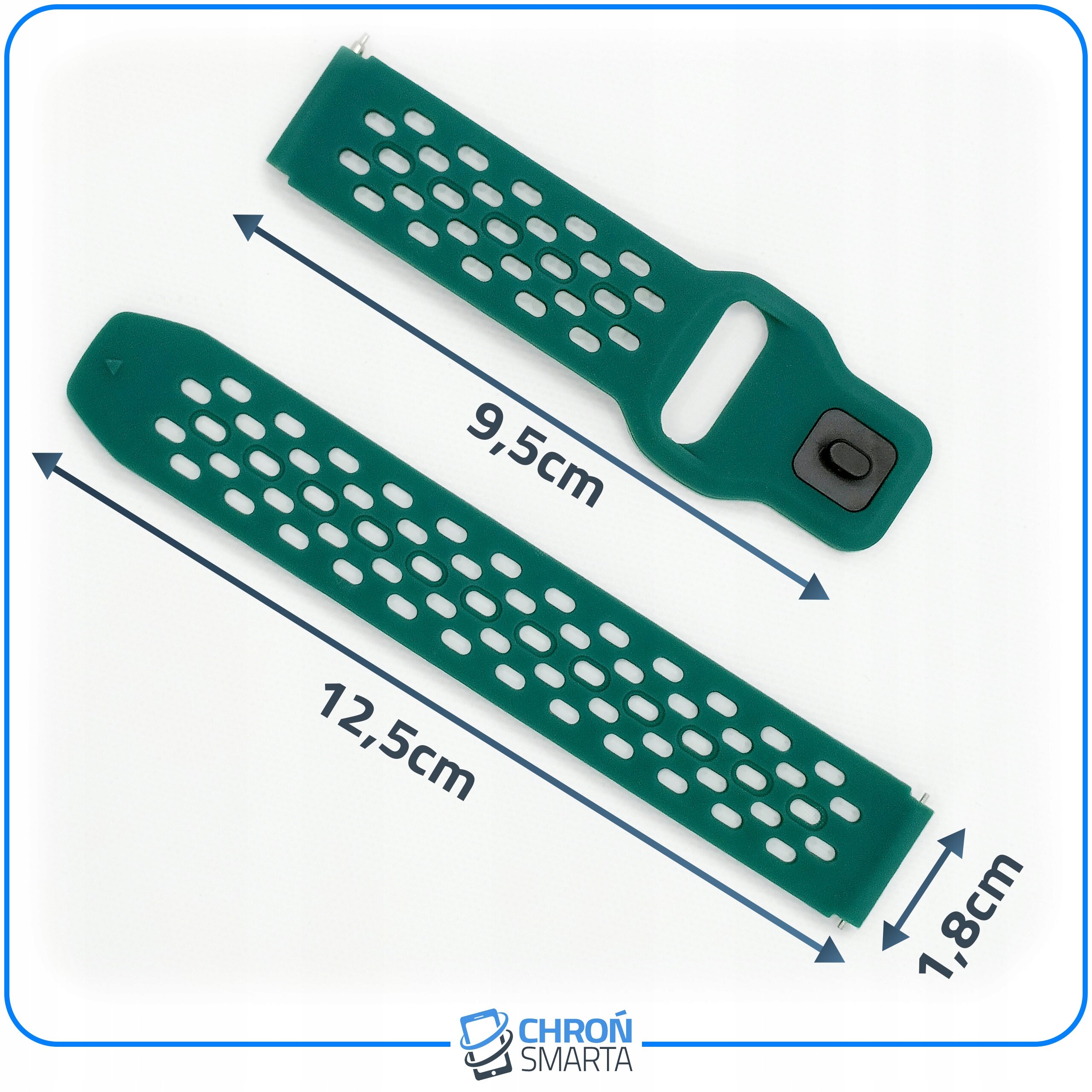 Zielony pasek do smartwatcha z otworami wentylacyjnymi, o długości 9,5 cm i 12,5 cm oraz szerokości 1,8 cm. Na dole widoczne jest logo \'CHROŃ SMARTA\'.