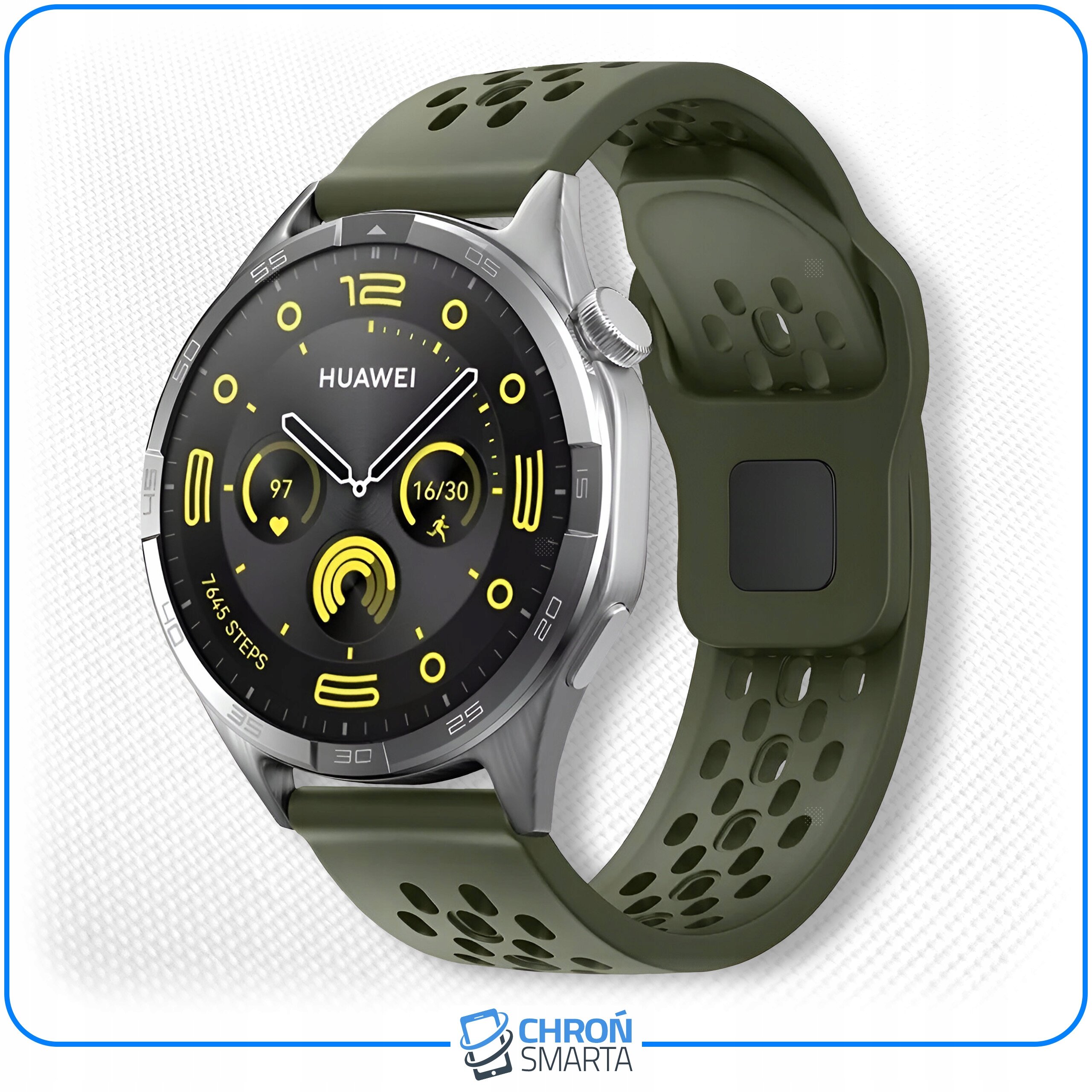 Smartwatch z okrągłą tarczą, na której widnieje logo \'HUAWEI\' oraz różne wskaźniki w kolorze żółtym. Pasek jest w kolorze khaki z perforacjami, a na dole widoczne jest logo \'CHROŃ SMARTA\'.