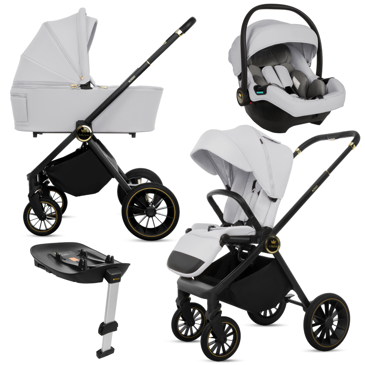 Na obrazie widoczny jest wielofunkcyjny wózek dziecięcy w kolorze szarym, składający się z gondoli, spacerówki, fotelika samochodowego oraz bazy ISOFIX. Logo \'BabyLux\' jest umieszczone na elementach wózka.