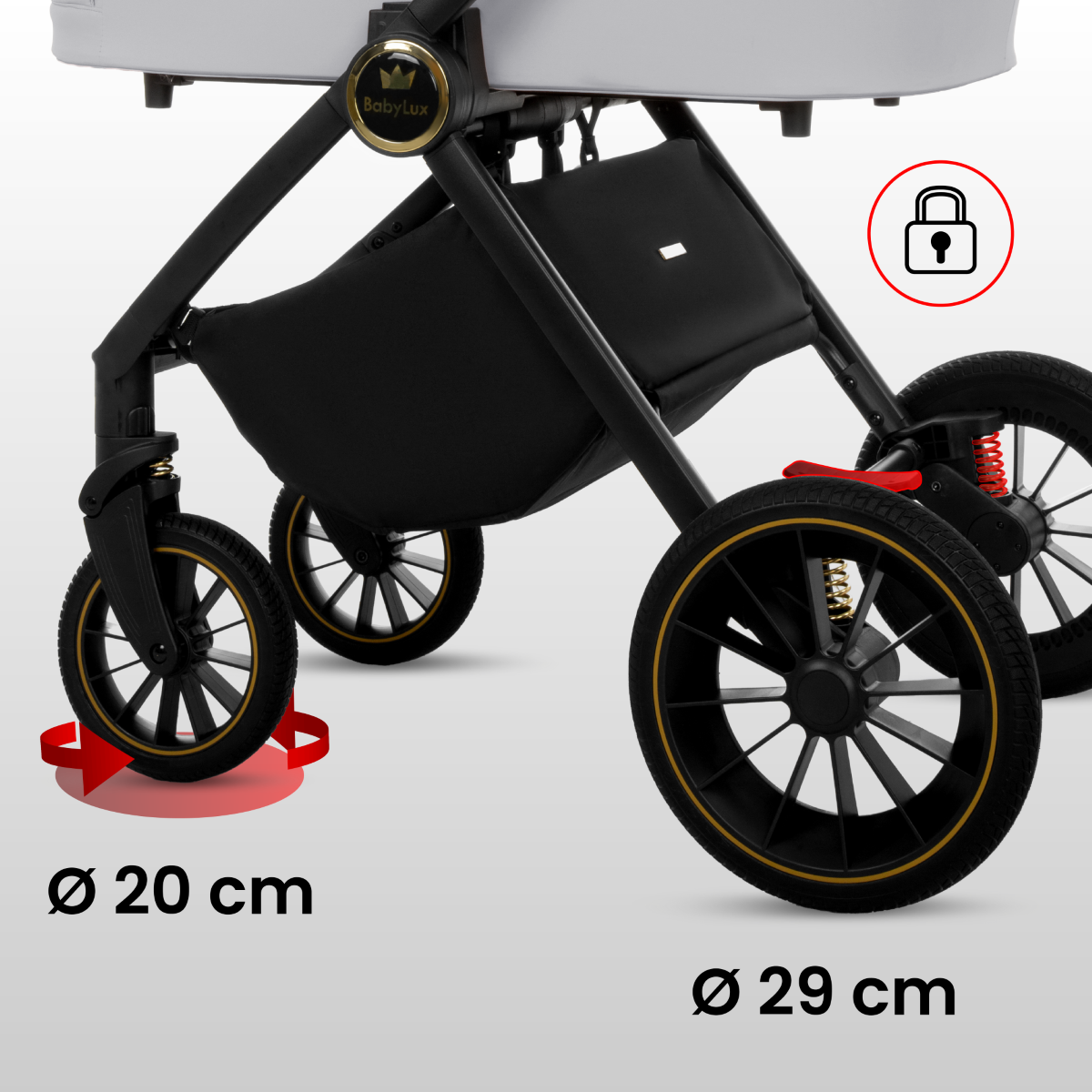 Czarny stelaż wózka dziecięcego z widocznymi kołami o średnicy 20 cm i 29 cm. Na stelażu znajduje się logo \'BabyLux\' oraz ikona kłódki w czerwonym okręgu.