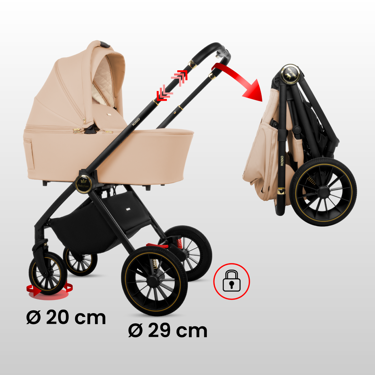 Obraz przedstawia beżowy wózek dziecięcy z dużymi kołami, z możliwością składania. Widoczne są oznaczenia średnicy kół: 20 cm i 29 cm oraz symbol kłódki.