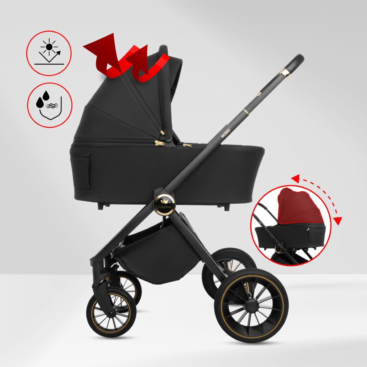 Czarny wózek dziecięcy z czerwonym daszkiem, posiada duże koła i logo \'babylux\' na stelażu. Obok widać ikony symbolizujące ochronę przed słońcem i wodą.
