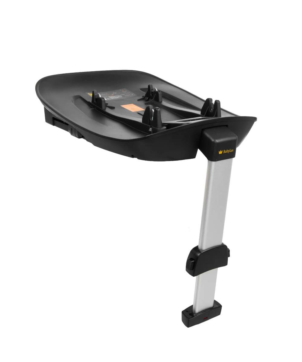 Na obrazie widoczna jest czarna baza ISOFIX z logo \'babylux\' na srebrnym wsporniku. Baza ma prostokątny kształt z elementami mocującymi i regulowanym wspornikiem.