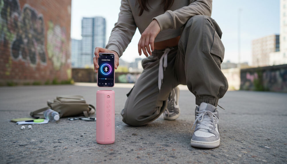 Głośnik mobilny XMUSIC BTS650P Osoba łącząca smartfon z głośnikiem XMUSIC za pomocą Bluetooth; widoczny interfejs parowania na ekranie telefonu w miejskiej scenerii.