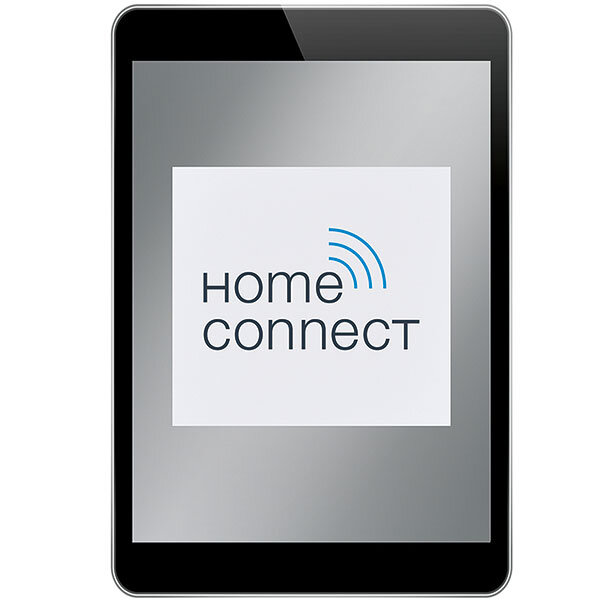 Obraz przedstawia ekran z logo \'Home Connect\'. Logo składa się z tekstu oraz symbolu trzech niebieskich łuków.