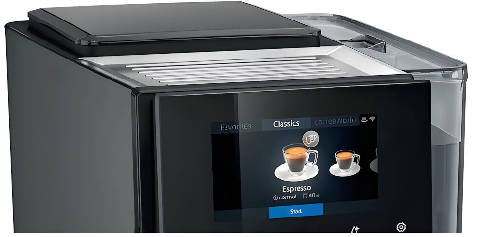 Na zdjęciu widoczny jest ekspres do kawy z wyświetlaczem dotykowym, na którym pokazane są dwie filiżanki espresso. Na ekranie widnieje tekst: \'Classics\', \'Espresso\', \'normal\', \'40 ml\', \'Start\'.