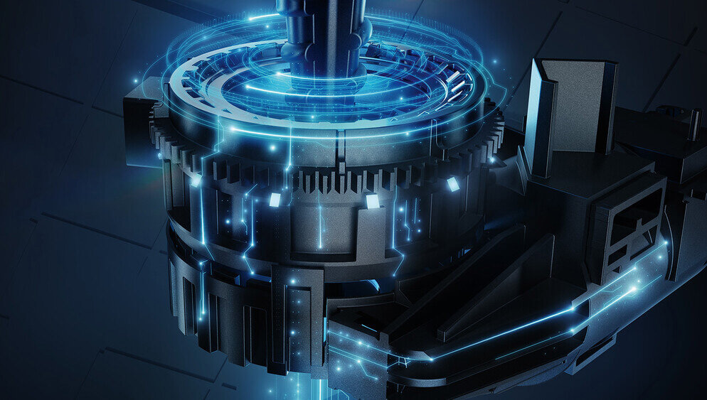 Obraz przedstawia futurystyczny mechanizm z elementami świetlnymi w kolorze niebieskim, przypominający część technologicznego urządzenia. W tle widoczne są ciemne, geometryczne kształty.