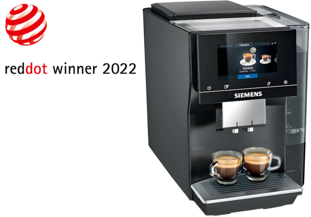 Czarny ekspres do kawy z wyświetlaczem dotykowym, na którym widoczne są opcje wyboru kawy. Obok ekspresu znajduje się logo \'reddot winner 2022\'.