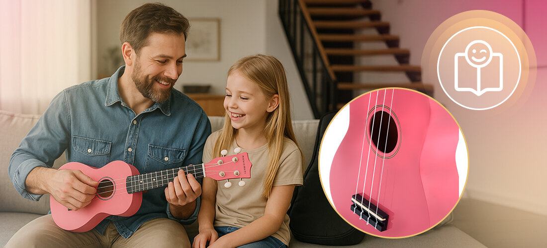 Mężczyzna i dziewczynka siedzą na kanapie, mężczyzna gra na różowym ukulele. Obok znajduje się powiększone zdjęcie różowego ukulele z widocznymi strunami i otworem rezonansowym.