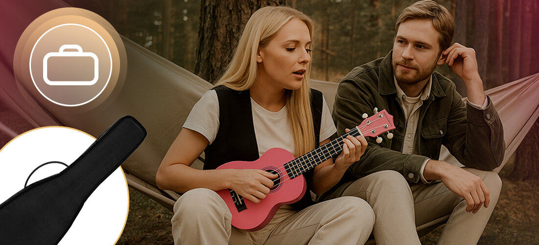 Osoba gra na różowym ukulele, siedząc na hamaku w lesie. Obok widoczny jest pokrowiec na instrument oraz ikona walizki.