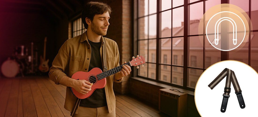 Osoba gra na różowym ukulele w jasnym pomieszczeniu z dużymi oknami. Obok widoczny jest obrazek przedstawiający pasek do instrumentu.