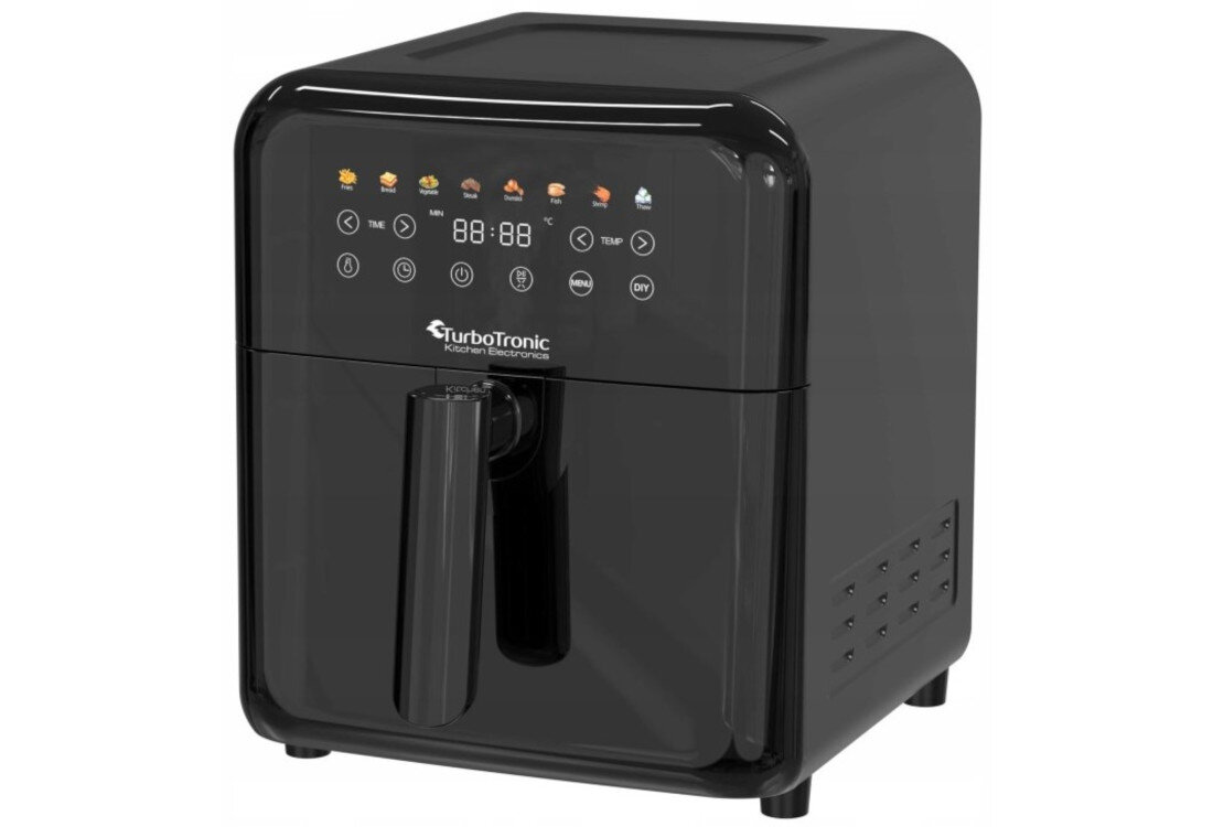 Czarna frytkownica beztłuszczowa z panelem dotykowym, na którym widoczne są ikony programów i wyświetlacz LED. Na urządzeniu znajduje się logo \'TurboTronic Kitchen Electronics\'.