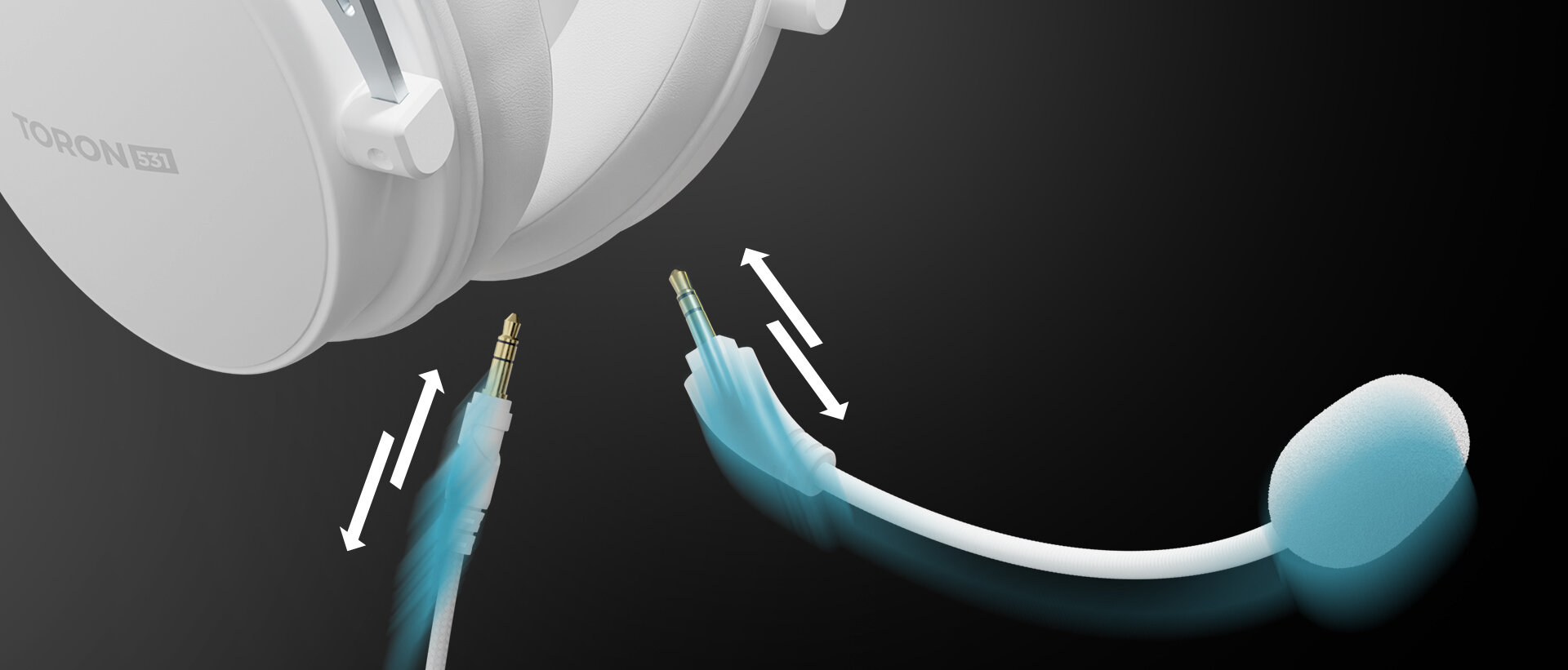 Białe słuchawki z widocznym napisem \'TORON 531\' oraz odłączanym mikrofonem i kablem z wtyczką jack. Strzałki wskazują możliwość odłączenia elementów.