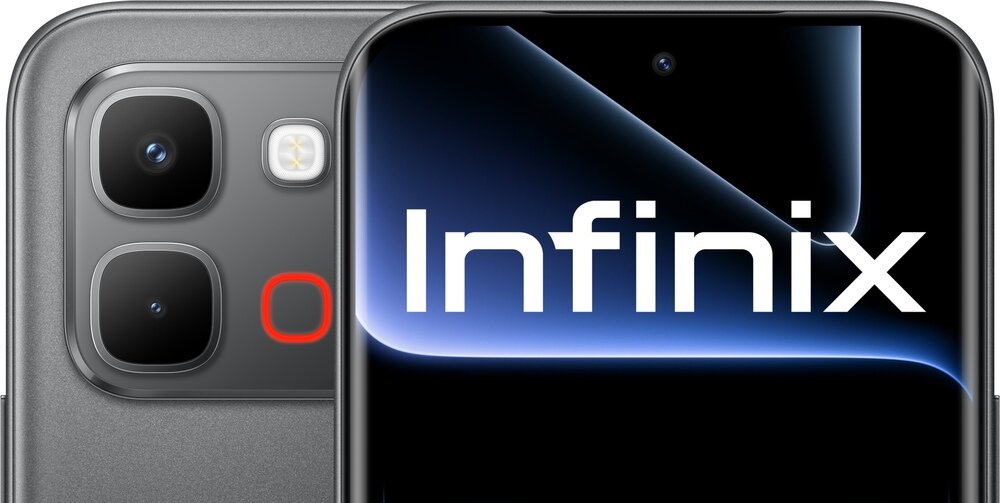 Na obrazie widoczny jest fragment smartfona z dużym napisem \'Infinix\' na ekranie oraz część tylnej obudowy z dwoma obiektywami aparatu i lampą błyskową.