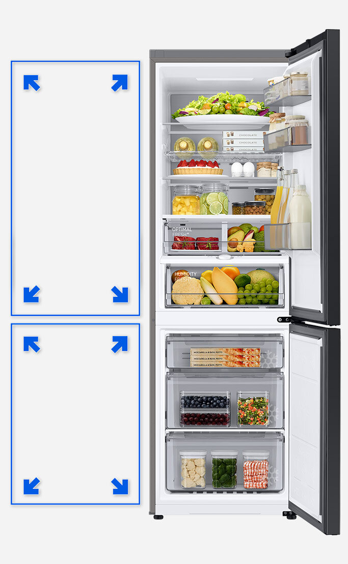 Otwarta lodówka z widocznymi półkami wypełnionymi różnorodnymi produktami spożywczymi, takimi jak owoce, warzywa, napoje i jajka. Obok lodówki znajduje się schematyczny rysunek z niebieskimi strzałkami wskazującymi na przestrzeń wewnętrzną urządzenia.