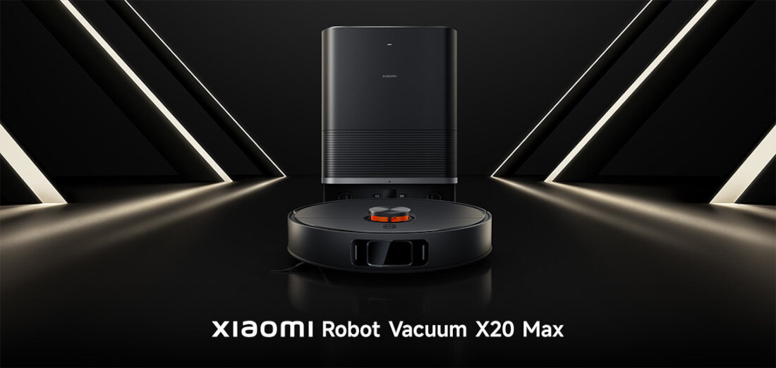 Na obrazie widoczny jest czarny robot sprzątający oraz stacja dokująca na ciemnym tle. Na dole znajduje się tekst: \'XIAOMI Robot Vacuum X20 Max\'.