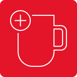 Czerwony kwadrat z białym konturem kubka i symbolem plusa w lewym górnym rogu.