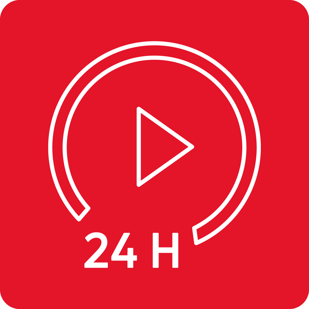 Czerwony kwadratowy znak z białym symbolem odtwarzania w okręgu i napisem \'24 H\'.