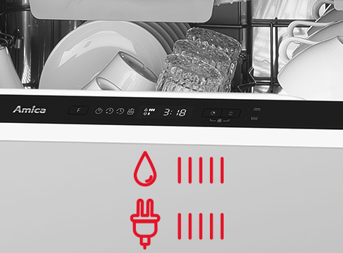 Zmywarka z widocznym panelem sterowania, na którym znajduje się logo Amica, przyciski i wyświetlacz pokazujący czas 3:18. Wewnątrz zmywarki znajdują się naczynia, a na drzwiach widoczne są czerwone ikony kropli wody i wtyczki elektrycznej.