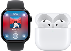 Smartwatch z wyświetlaczem pokazującym odtwarzacz muzyki z utworem \'All of Me\' oraz słuchawki bezprzewodowe w etui z zieloną diodą.