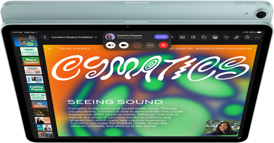 Tablet z wyświetlaczem pokazującym kolorową grafikę z napisem \'CYMATICS\' oraz tekstem \'SEEING SOUND\'. Na ekranie widoczne są również ikony aplikacji i pasek narzędziowy u góry.
