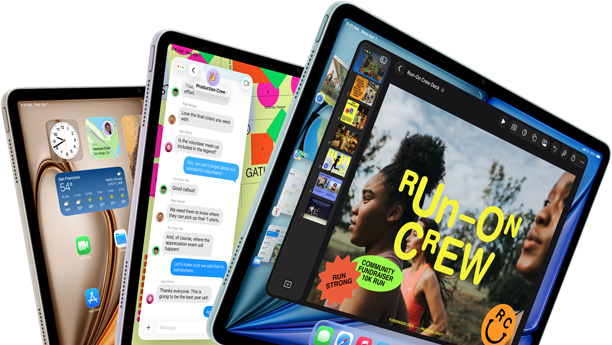 Na obrazie widoczne są trzy tablety z różnymi ekranami, na których wyświetlane są aplikacje i grafiki. Na jednym z ekranów widoczny jest tekst: \'RUN-ON CREW\'.