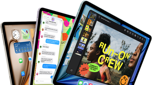 Na obrazie widoczne są cztery tablety z różnymi aplikacjami na ekranach, w tym wiadomości, zegar i aplikacja do edycji zdjęć. Na jednym z ekranów widoczny jest tekst \'RUN-ON CREW\'.