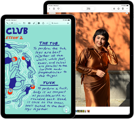 Na obrazie widoczne są dwa tablety, jeden z wyświetlonym tekstem \'CLUB LESSON 2\' oraz ilustracją, drugi z fotografią osoby w brązowej sukience na tle pomarańczowej ściany. Oba urządzenia mają cienkie ramki i są w kolorze ciemnym.
