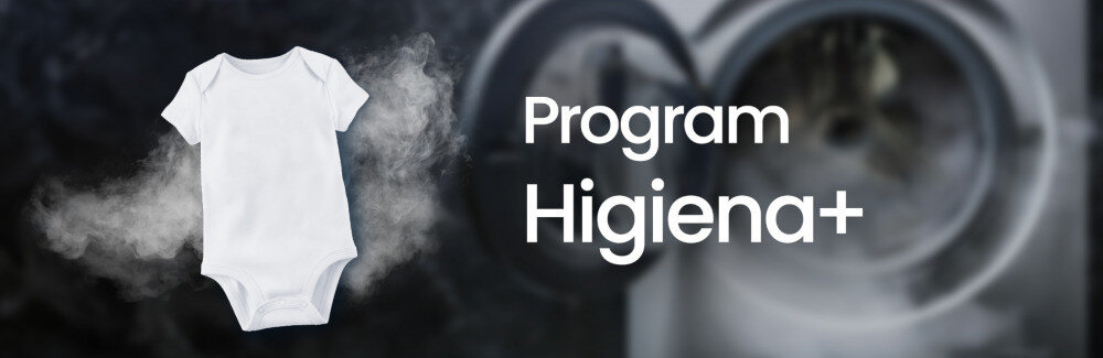 Na ciemnym tle widoczny jest biały dziecięcy body, obok którego unosi się para. Obok znajduje się napis \'Program Higiena+\'.