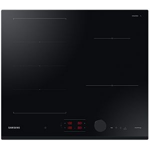 Czarna płyta indukcyjna z czterema polami grzewczymi i panelem sterowania z wyświetlaczem cyfrowym. Widoczne logo: Samsung.