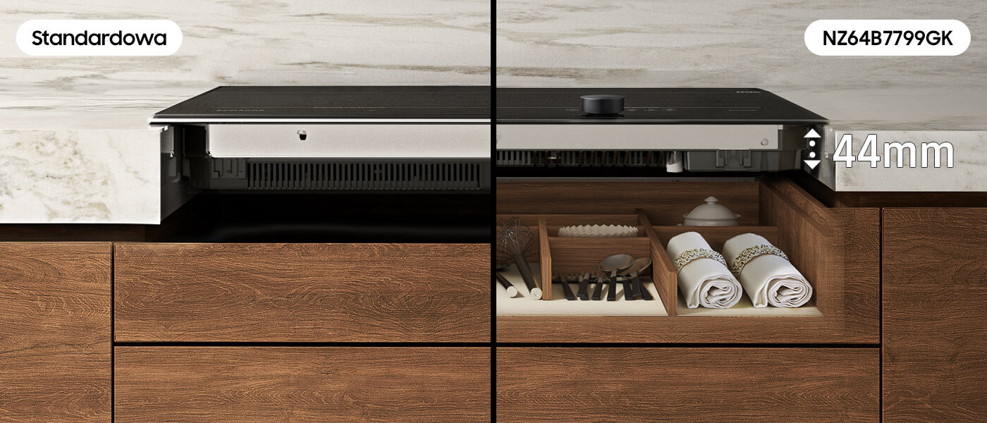 zdjęcie porównujące głębokość tradycyjnej płyty kuchennej i płyty indukcyjnej o cieńszej konstrukcji Obraz przedstawia porównanie dwóch płyt indukcyjnych zamontowanych w blacie kuchennym. Po lewej stronie widoczna jest standardowa płyta, a po prawej płyta NZ64B7799GK z oznaczeniem 44mm, nad szufladą z przyborami kuchennymi.