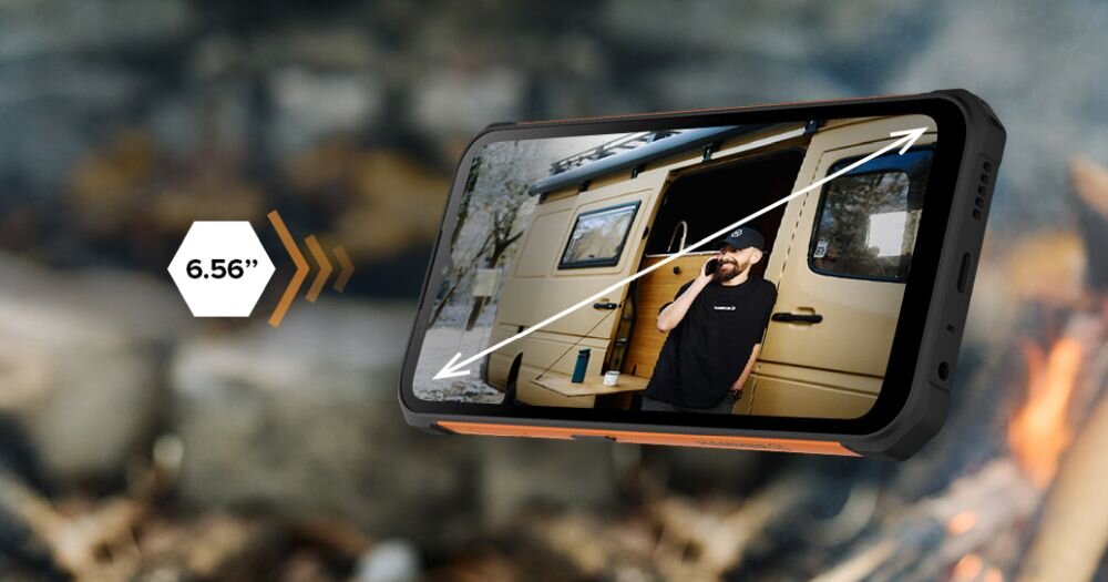 Smartfon MYPHONE Hammer Iron VA 4/64GB 6.56 Czarno-pomarańczowy ekran praca sytuacja przekatna 