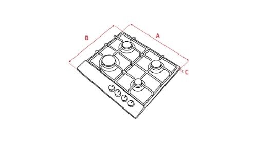 Schematyczny rysunek płyty gazowej z pięcioma palnikami i pokrętłami do regulacji. Oznaczenia A, B, C wskazują wymiary płyty.