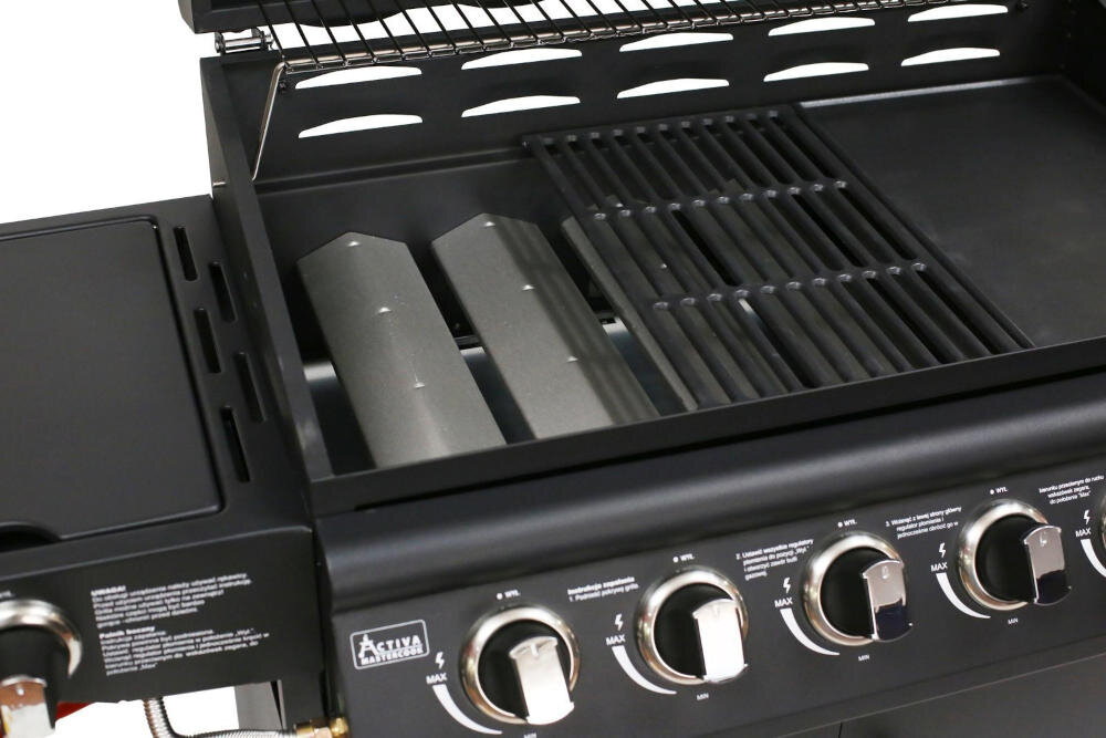 Zdjęcie przedstawia grill gazowy z kilkoma pokrętłami do regulacji temperatury. Na froncie widoczne jest logo \'ACTIVA\'.