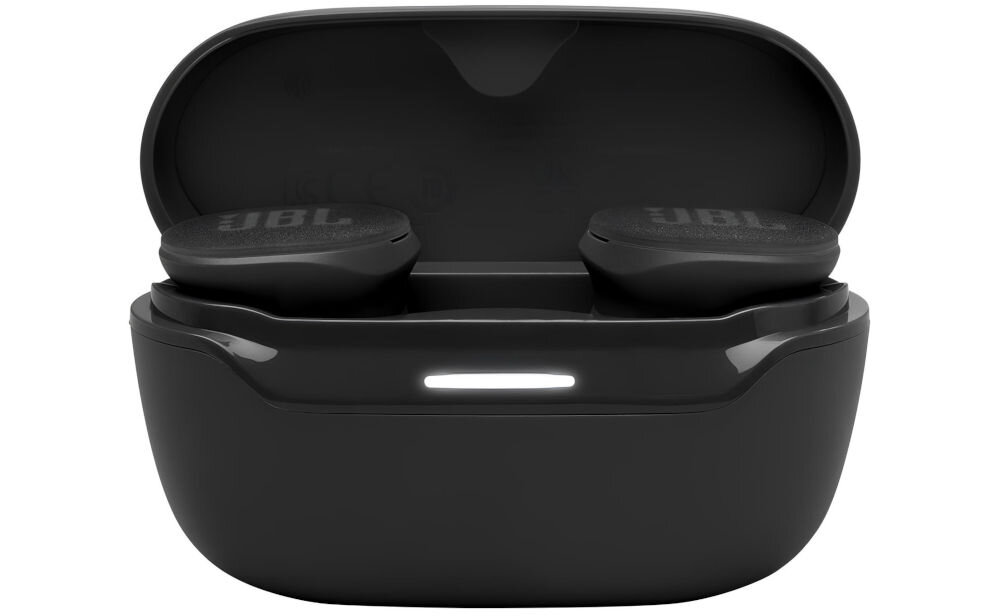 Słuchawki dokanałowe JBL Endurance Race 2 przetworniki 6,8 mm JBL Pure Bass, etui ładujące z słuchawkami dokanałowymi od frontu na białym tle