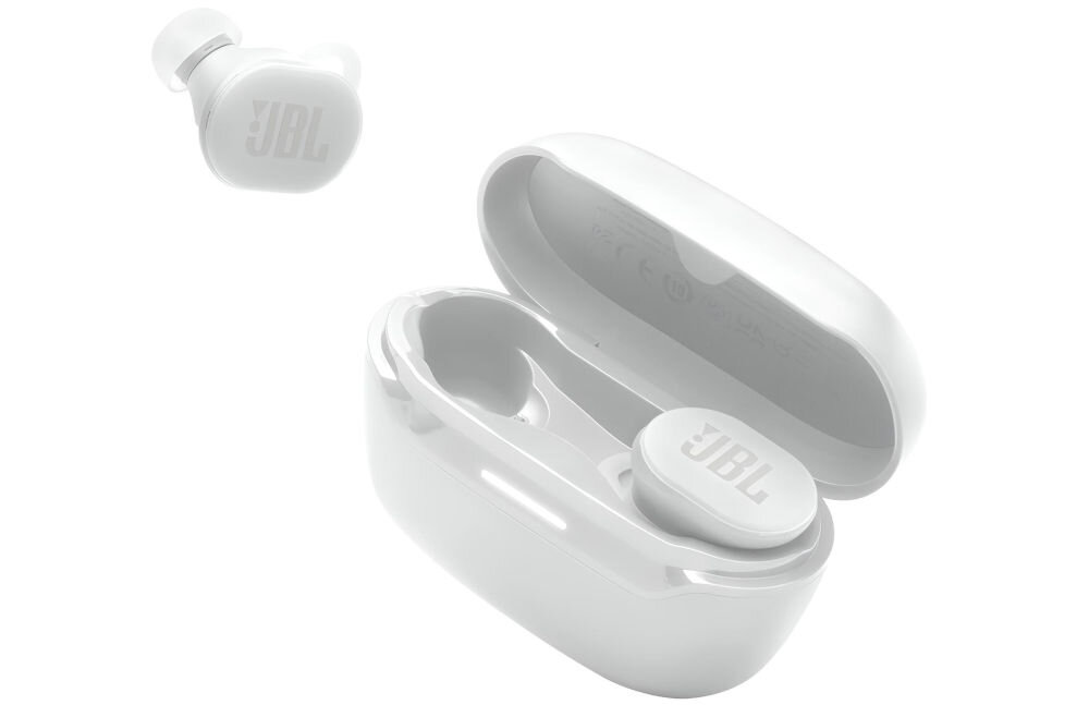 Słuchawki dokanałowe JBL Endurance Race 2 48 godzin odtwarzania szybkie ładowanie USB-C, etui ładujące z słuchawkami dokanałowymi po skosie na białym tle