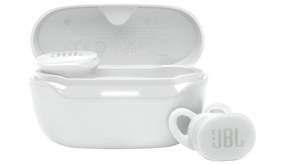Słuchawki dokanałowe JBL Endurance Race 2 szybkie parowanie Fast Pair Swift Pair, etui ładujące z słuchawkami dokanałowymi od frontu na białym tle