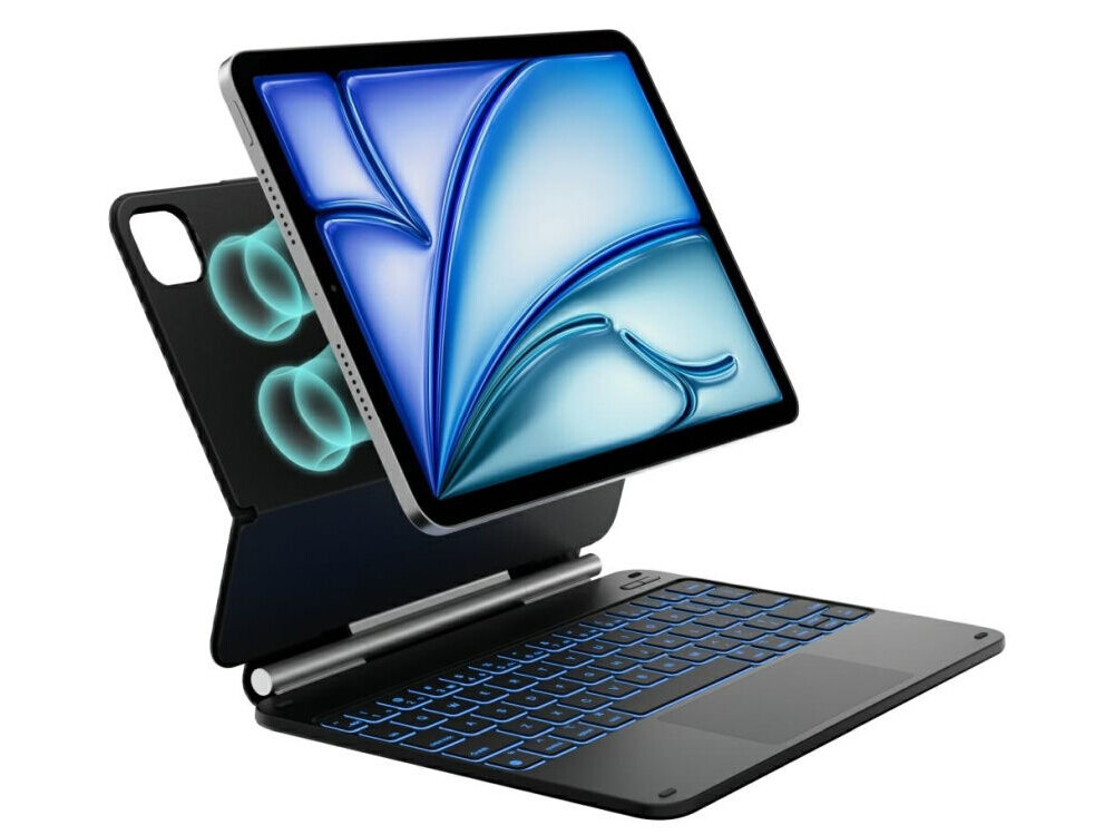 Etui na iPad Pro 11 cali TYPECASE Edge, Etui Typecase Edge z klawiaturą do iPada, touchpad, podświetlenie RGB, magnetyczne mocowanie, Otwarte etui z klawiaturą i magnetycznym uchwytem na tablet.
