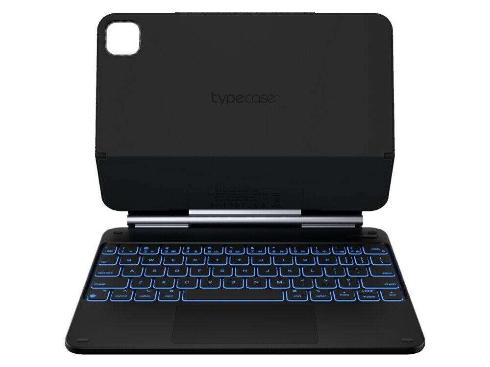 Etui na iPad Pro 11 cali TYPECASE Edge, Etui Typecase Edge z klawiaturą RGB, touchpad Multi-Touch, skróty iPadOS, wygodne pisanie, Widok z przodu na klawiaturę z touchpadem i podświetleniem.