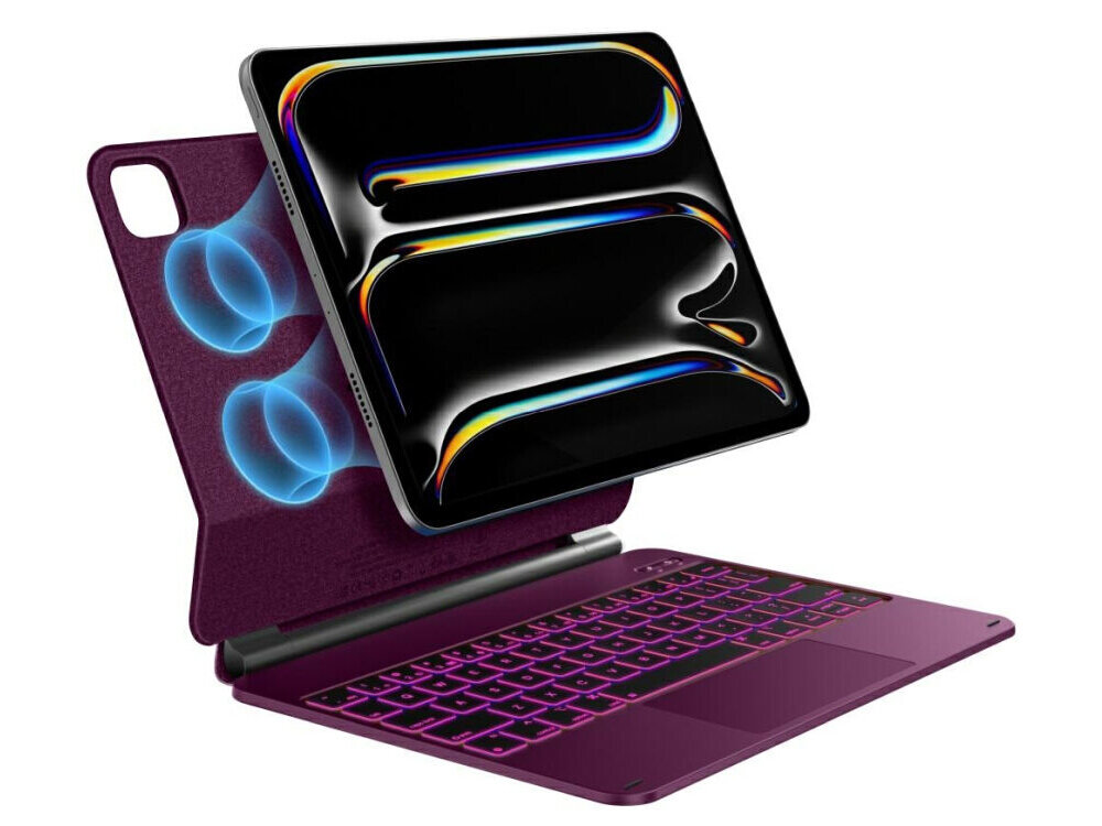 Etui na iPad Pro 11 cali TYPECASE Edge, Etui Typecase Edge z klawiaturą do iPada, touchpad, podświetlenie RGB, magnetyczne mocowanie, Otwarte etui z klawiaturą i magnetycznym uchwytem na tablet.