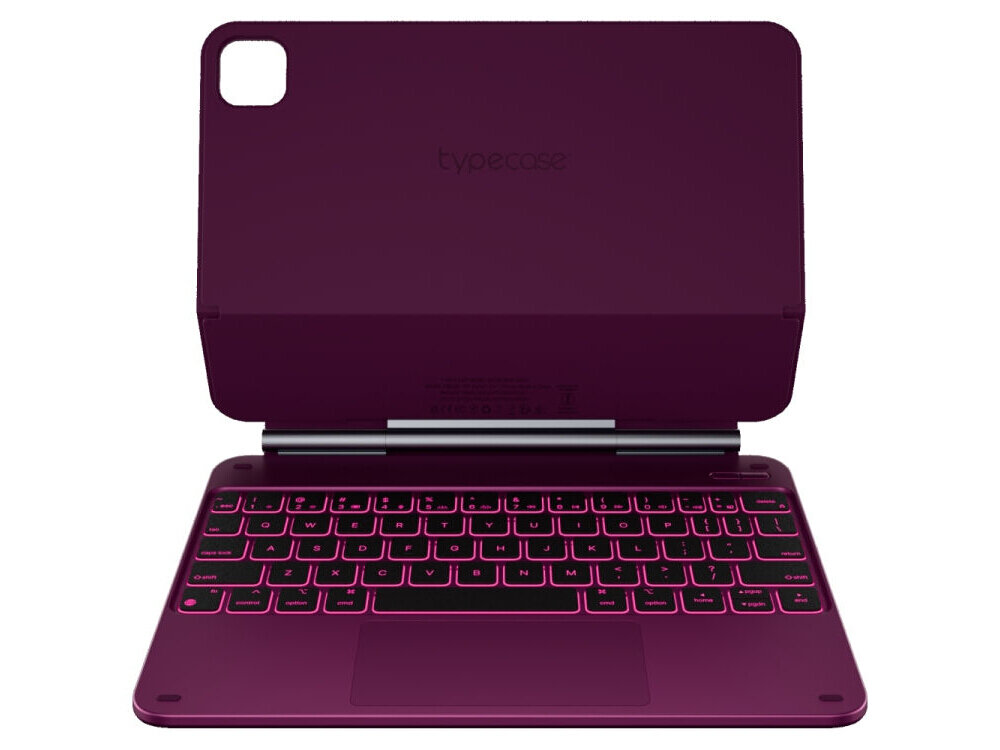 Etui na iPad Pro 11 cali TYPECASE Edge, Etui Typecase Edge z klawiaturą RGB, touchpad Multi-Touch, skróty iPadOS, wygodne pisanie, Widok z przodu na klawiaturę z touchpadem i podświetleniem.
