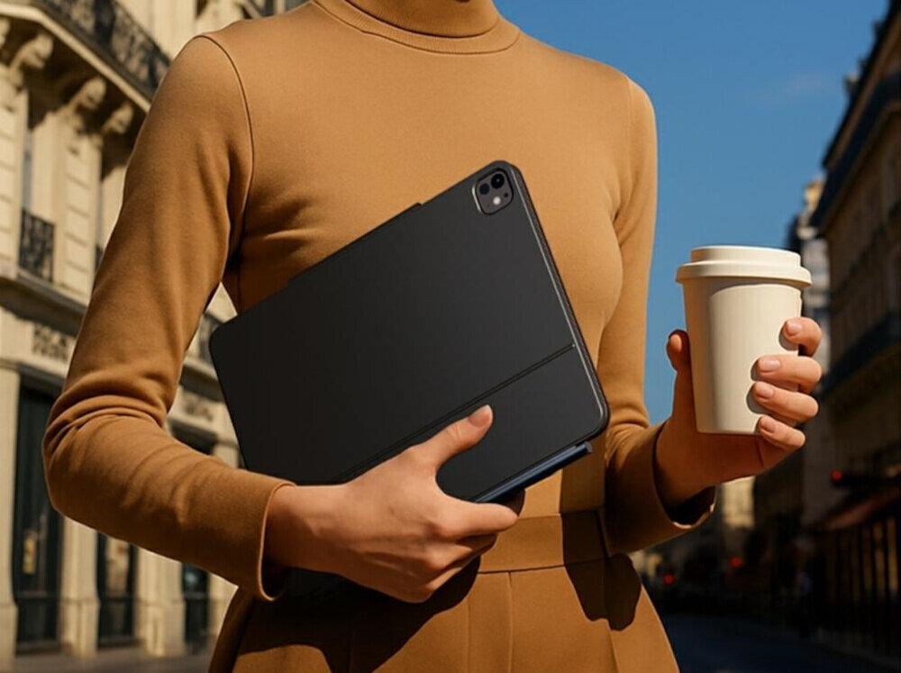 Etui na iPad Air 13 cali TYPECASE Edge, etui, ipad, bateria, dluga, praca, uchwyt, rysik, mobilnosc, Osoba niosąca zamknięte etui z tabletem pod ramieniem.