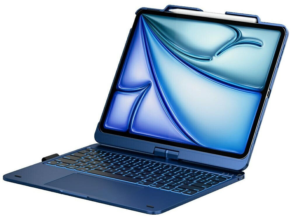 Etui na iPad Air 13 cali TYPECASE Flexbook Touch, Etui Typecase Flexbook Touch z klawiaturą do iPada, obrót 360 stopni, duży touchpad, klawiatura RGB, Etui z klawiaturą i gładzikiem do tabletu, widok z przodu pod skosem.