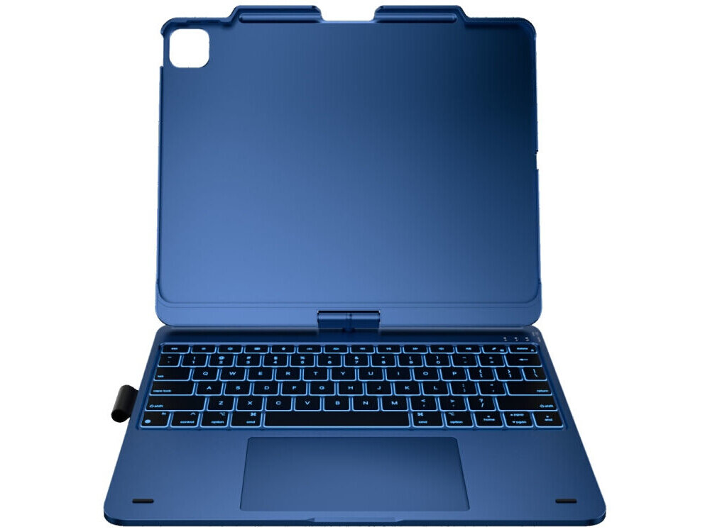 Etui na iPad Air 13 cali TYPECASE Flexbook Touch, Etui Typecase Flexbook Touch, klawiatura RGB, duży touchpad, gesty iPadOS, wygodne pisanie, Widok z tyłu na otwarte etui z klawiaturą oraz wycięciem na aparat.