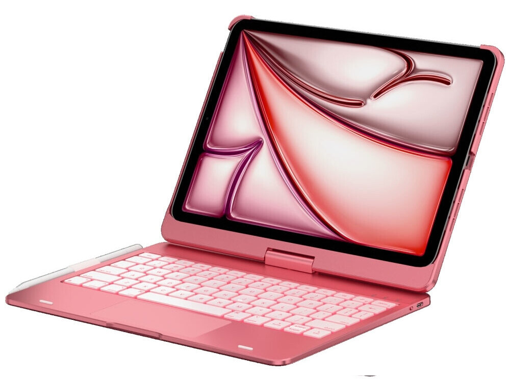 Etui na iPad Air 11 cali TYPECASE Flexbook Touch, Etui Typecase Flexbook Touch z klawiaturą do iPada, obrót 360 stopni, touchpad, podświetlenie RGB, Tablet z klawiaturą i gładzikiem ustawiony pod kątem jak laptop.
